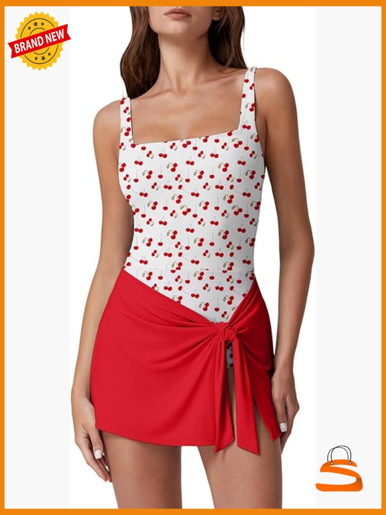 Square Neck Swim Dress Tummy Control One Piece Wrap Bathing Suit